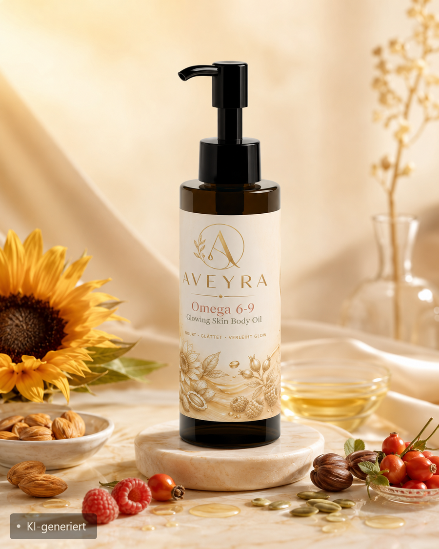 Aveyra Omega 6-9 Glowing Skin Body Oil in Szene (KI-generiertes Bild)