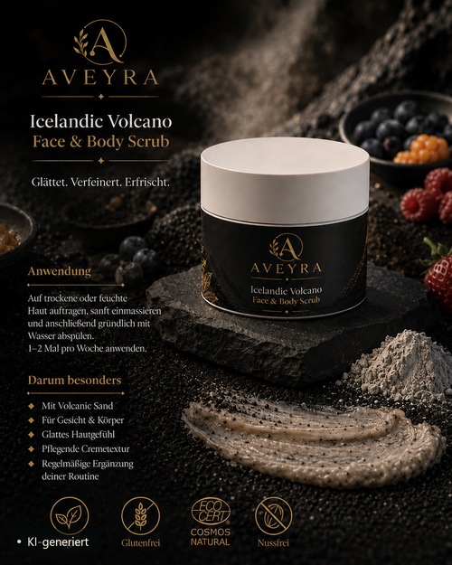 Aveyra Icelandic Volcano Face und Body Scrub, Produktansicht (KI-generiertes Bild)