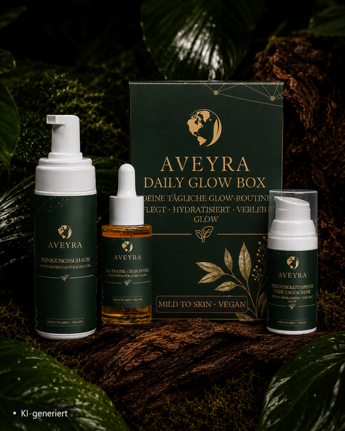 Aveyra Daily Glow Box in einer botanischen Szene (KI-generiertes Bild)