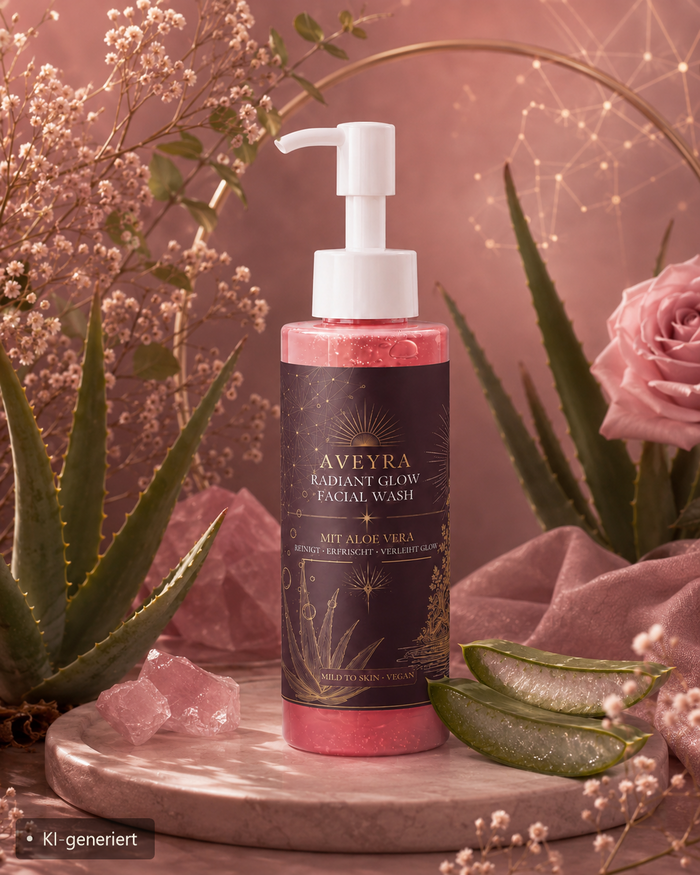 Aveyra Aloe Glow Facial Wash in einer botanischen Szene (KI-generiertes Bild)